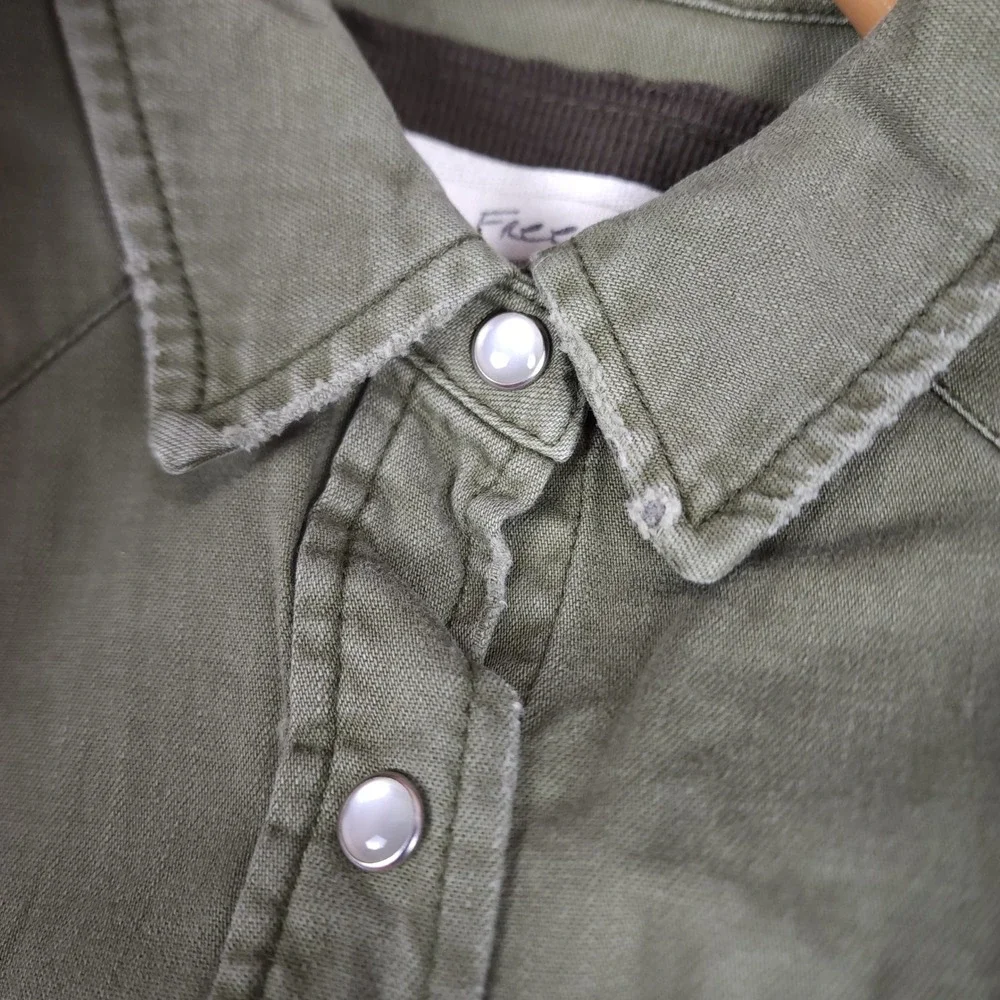 Free People We The Free Olive Green Western Peplum Snap Button Shirt‎ Small